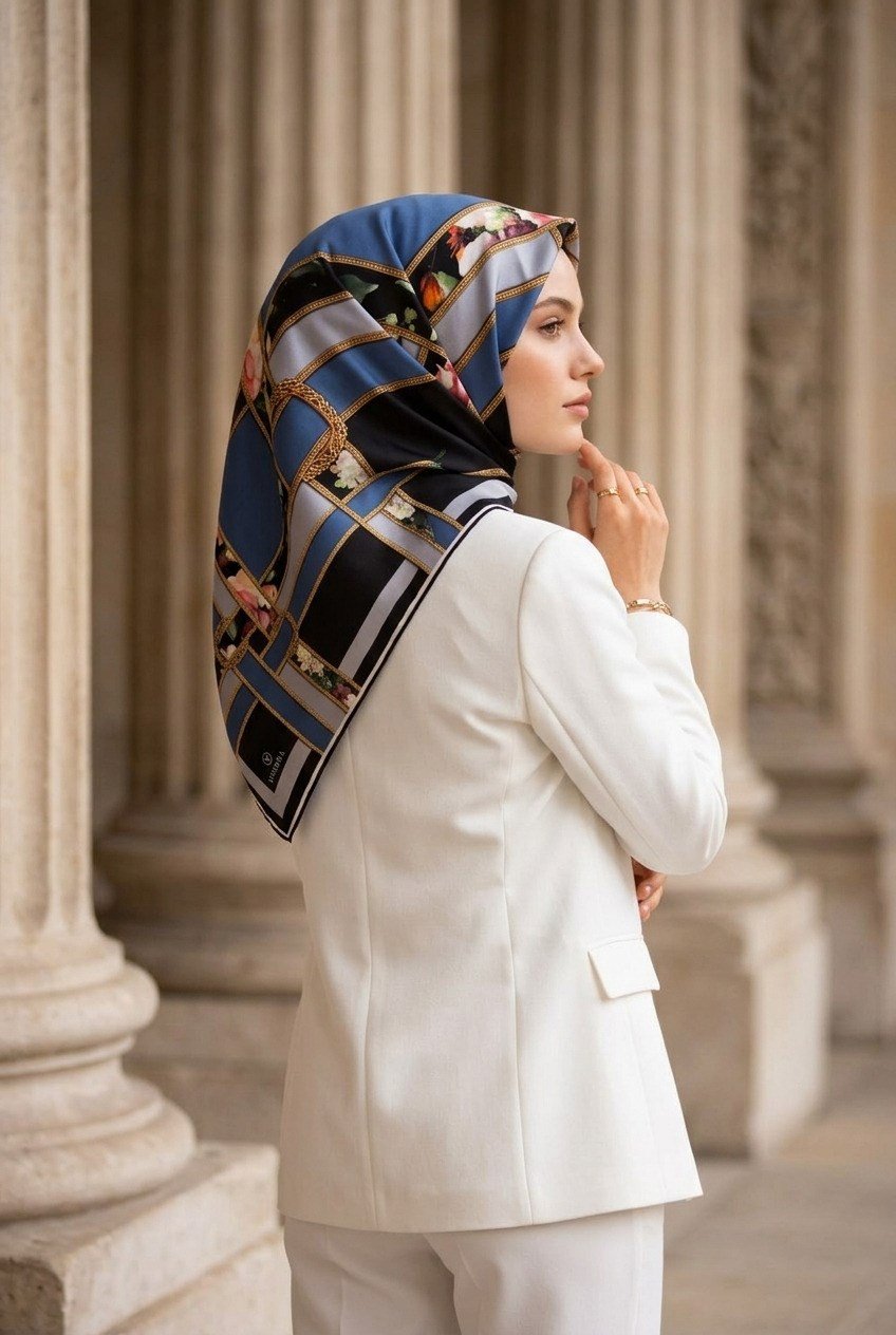 %100 Twill İpek Şeritleri Kemerli Ve Çiçek Desenli İndigo - Gri Renkli 90x90 Eşarp Dikim Şekli : El Dikişi
