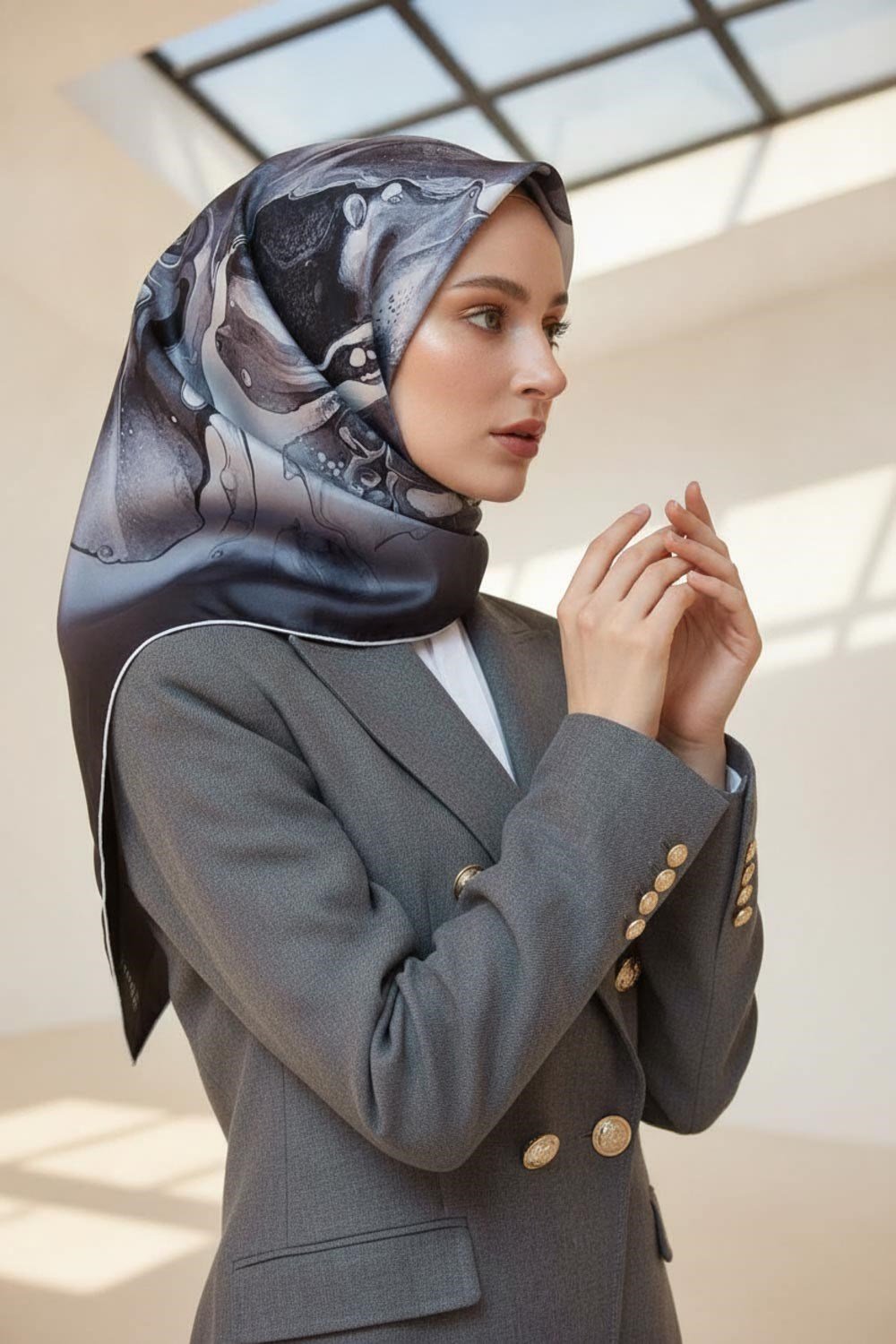 %100 Twill İpek Batik Çiçek Desenli Siyah - Gümüş Renkli 90x90 Eşarp Dikim Şekli : El Dikişi