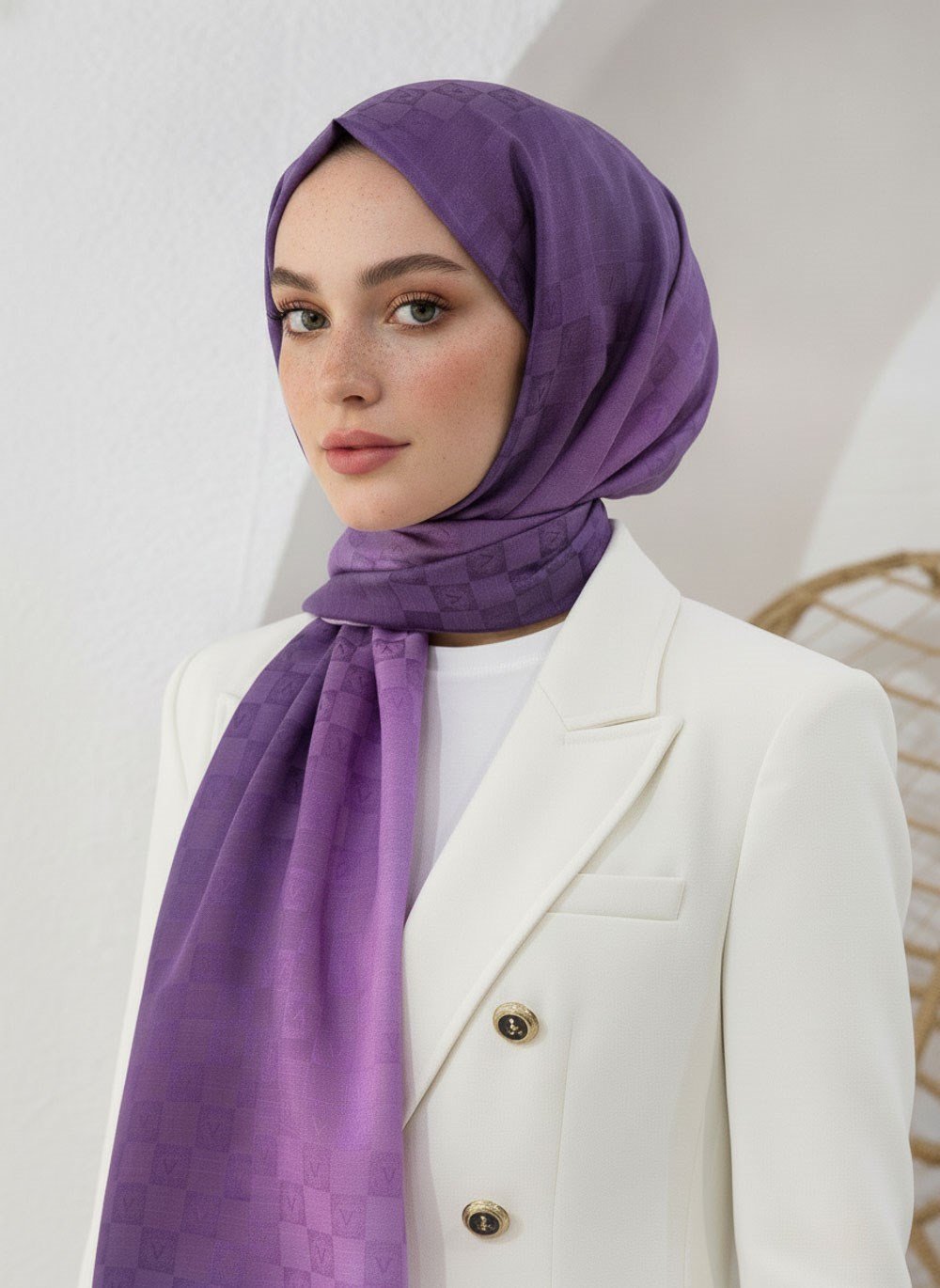Vissona %57 İPEK %43 PAMUK Degrade Desenli Lila Renkli Şal -  70x190 Dikiş Tipi İtalyan Dikişli