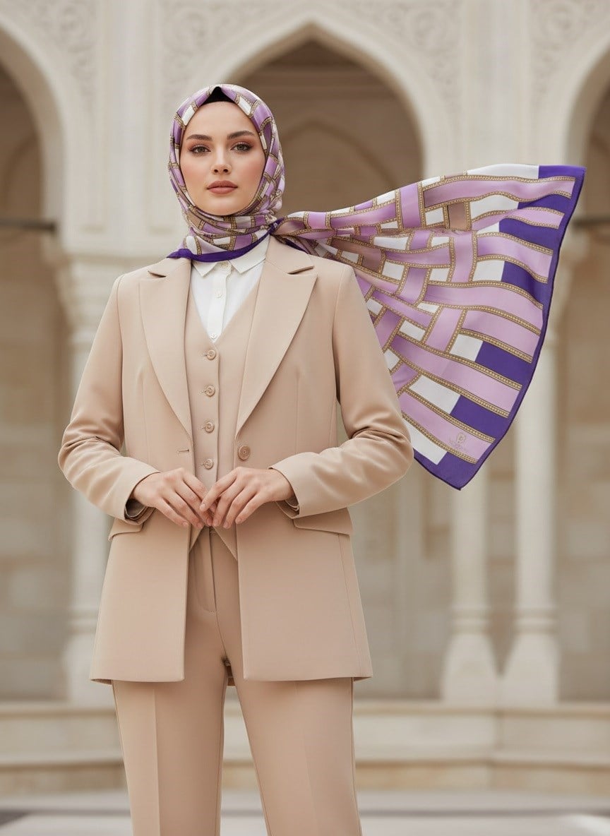 %100 Saf İpek Şal İnce Saten Vual Dokuma Kemer Desenli Mor - Lila Renkli 90x210 Şal