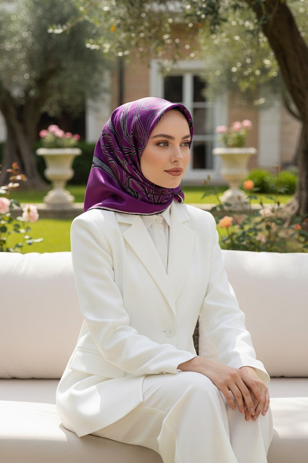%100 Twill İpek Çizgili Çiçek Desenli Mürdüm - Siyah Renkli 90x90 Eşarp Dikim Şekli : El Dikişi
