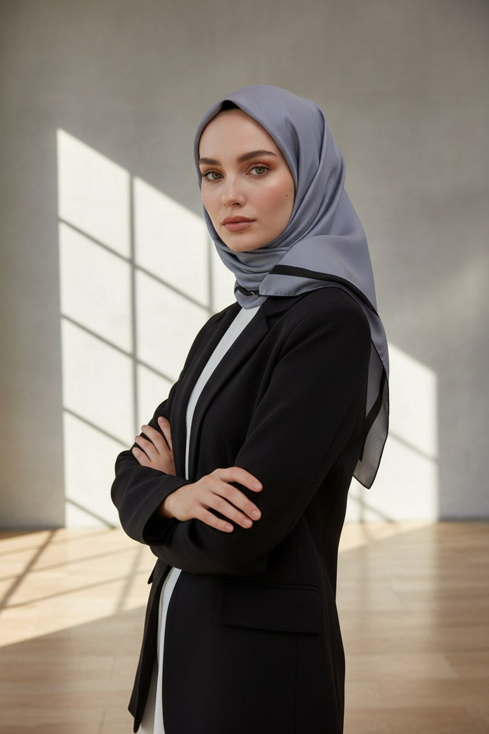 100% Twill İpek Düz Renk Bordür Desenli Gri Siyah Renkli Daha Tok Exclusive Serisi 90x90 Dikim Şekli : El Dikişi Eşarp