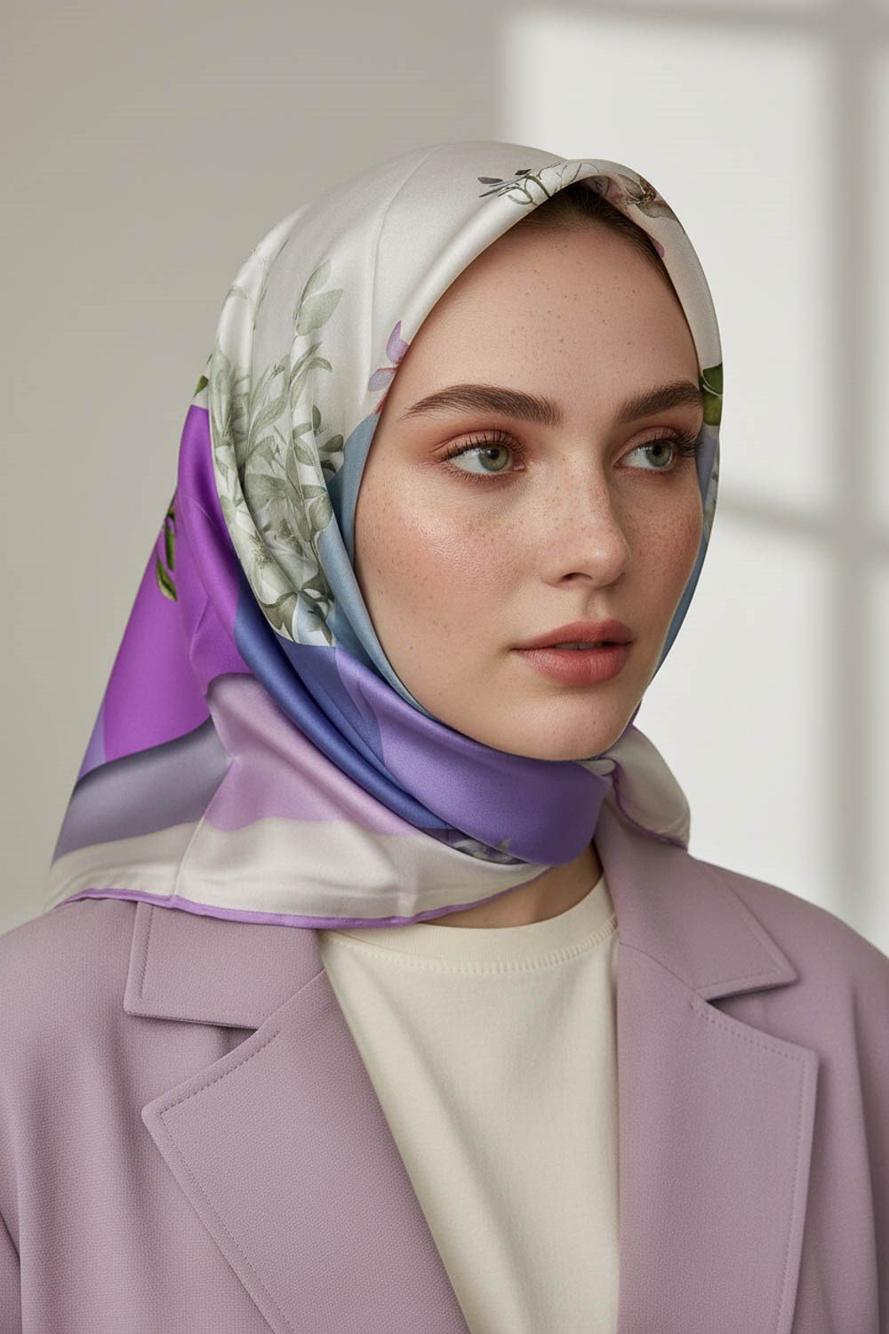%100 Twill İpek Kareli Ve Çıtır Çiçek Desenli Lila - Bej Renkli 90x90 Eşarp Dikim Şekli : El Dikişi