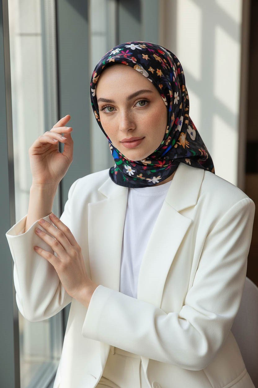 %100 Twill İpek Çıtır Çiçek Desenli Siyah - Fuşya Renkli 90x90 Eşarp Dikim Şekli : El Dikişi