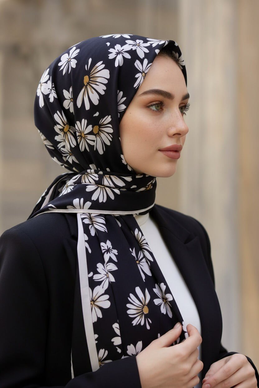 KREP PAPATYA DESENLİ SİYAH RENKLİ 75X195 KIRIŞMAZ ŞAL