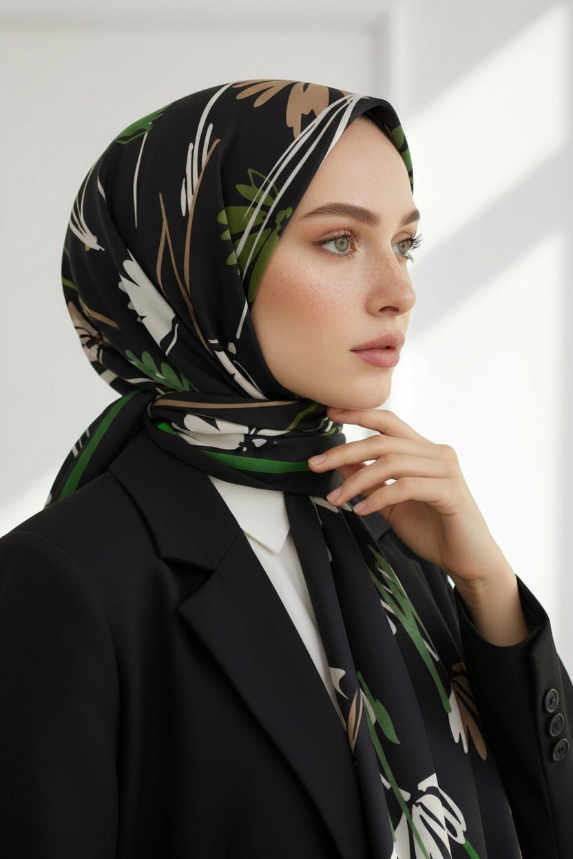 KREP ÇİÇEK DESENLİ ZÜMRÜT YEŞİLİ RENKLİ 75X195 KIRIŞMAZ ŞAL