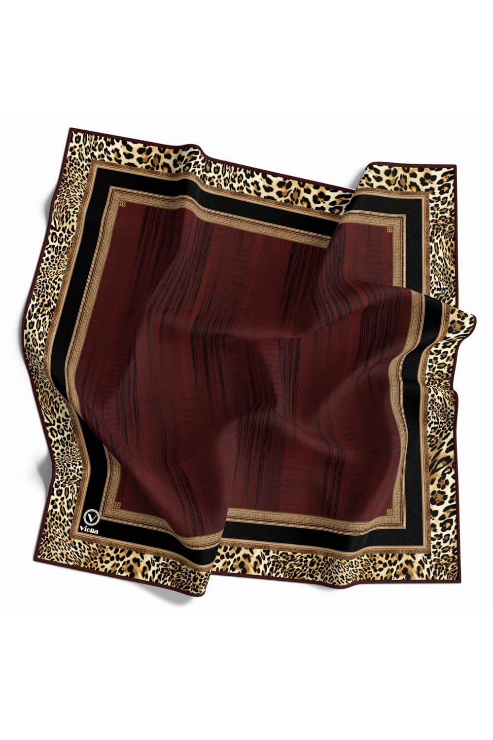 Soft Leopar Bordür Desenli Bordo Renkli 90x90 Eşarp (İpek İçermez) Kenar Dikiş Şekli El Dikişli