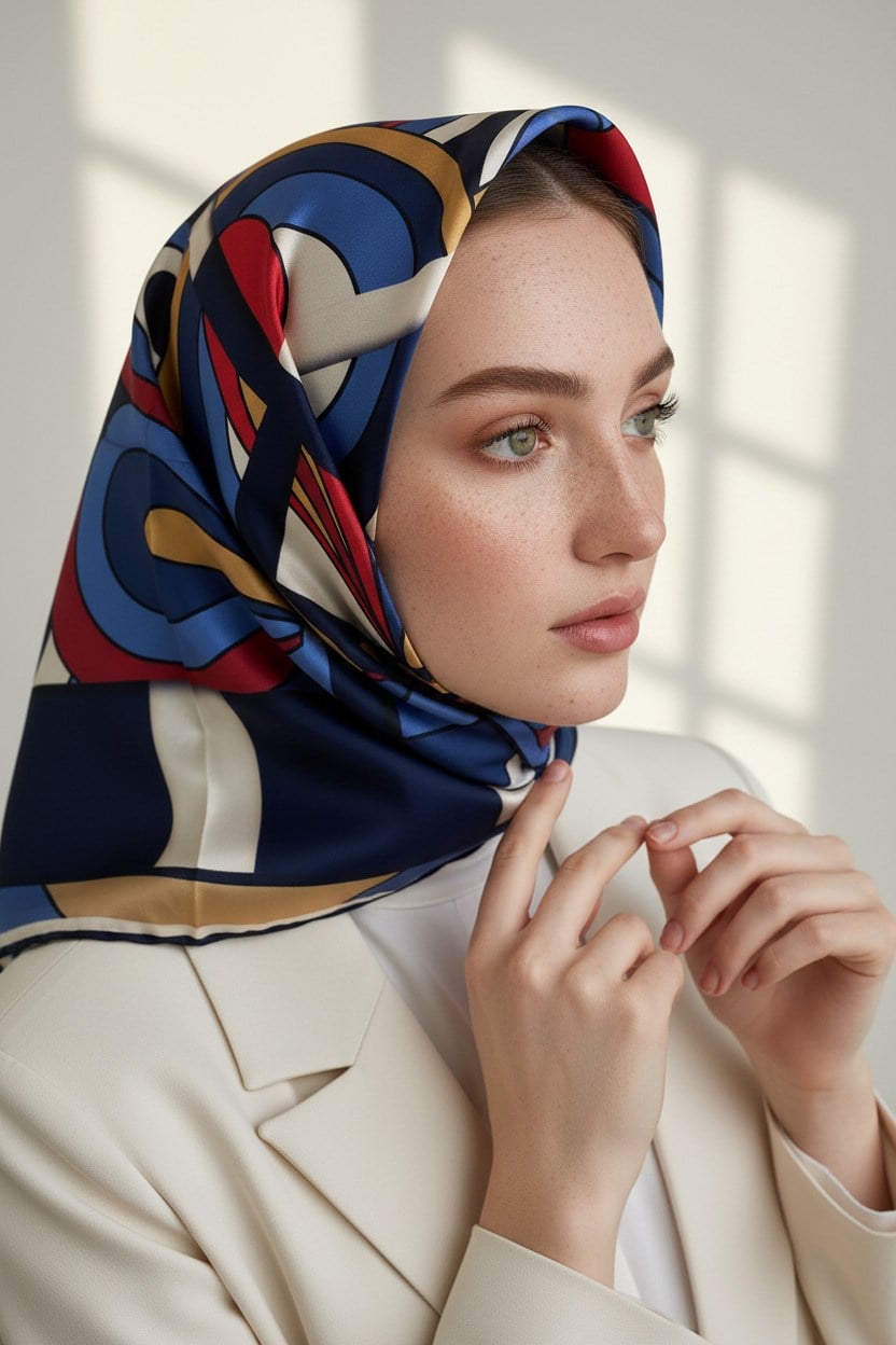 100% Twill İpek Geometrik Desenli Lacivert - Bordo Renkli 90x90 Dikim Şekli : El Dikişi Eşarp