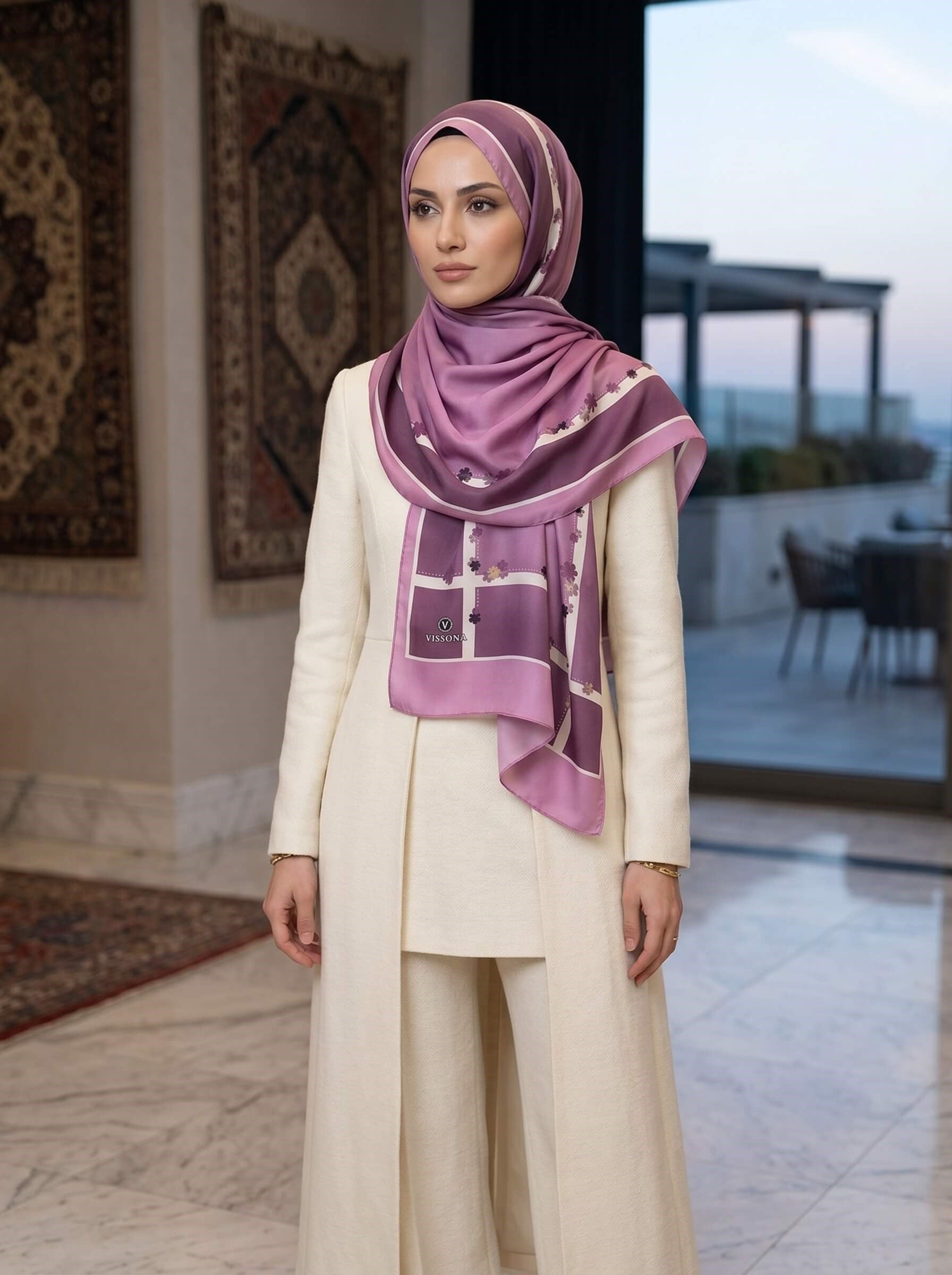 %100 Saf İpek Şal İnce Saten Vual Dokuma Çiçek Desenli Pembe Renkli 90x210 Şal