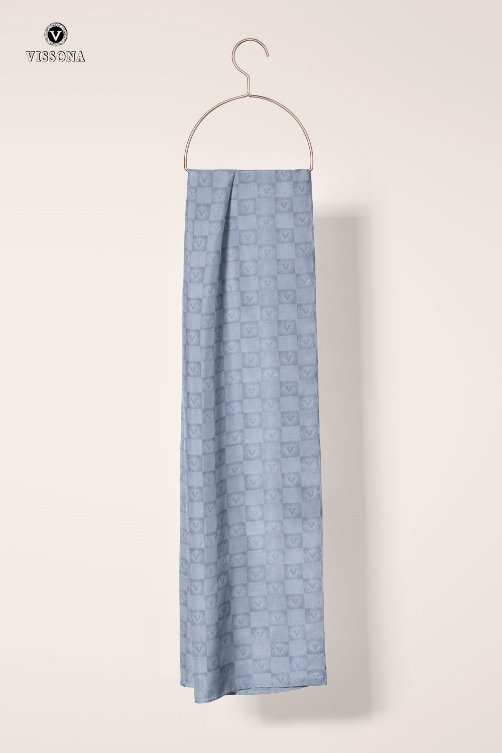 Vissona %57 İPEK %43 PAMUK Monogram Desenli Gümüş Renkli Şal -  70x190 Dikiş Tipi İtalyan Dikişli