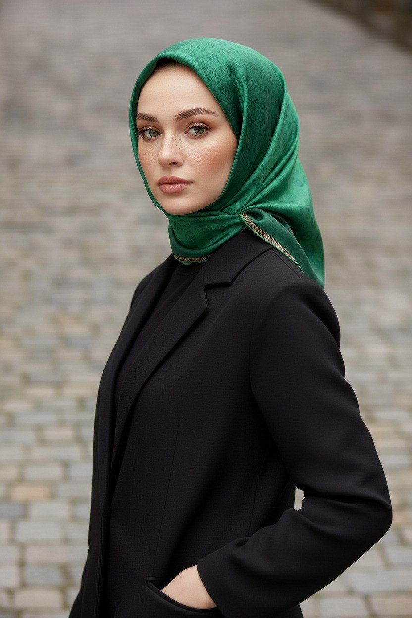 %100 Twill İpek Monogram Desenli Zümrüt Yeşili Renkli 90x90 Eşarp Dikim Şekli : El Dikişi