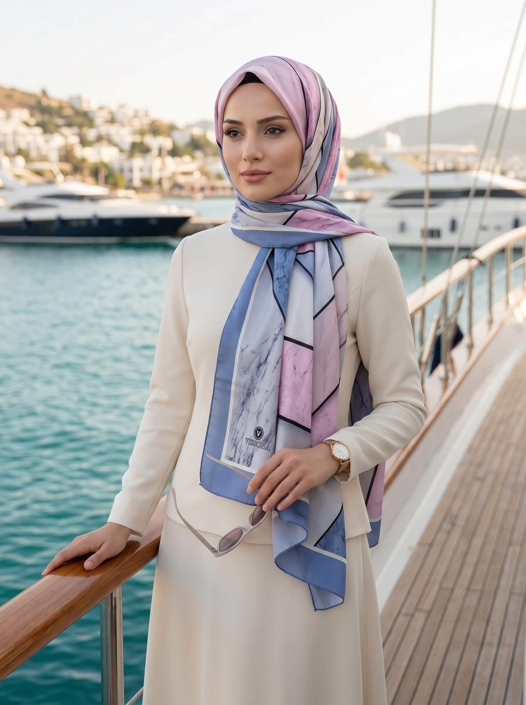 %100 Saf İpek Şal İnce Saten Vual Dokuma Mermer Desenli Pudra - Bebe Mavisi Renkli 90x210 Şal