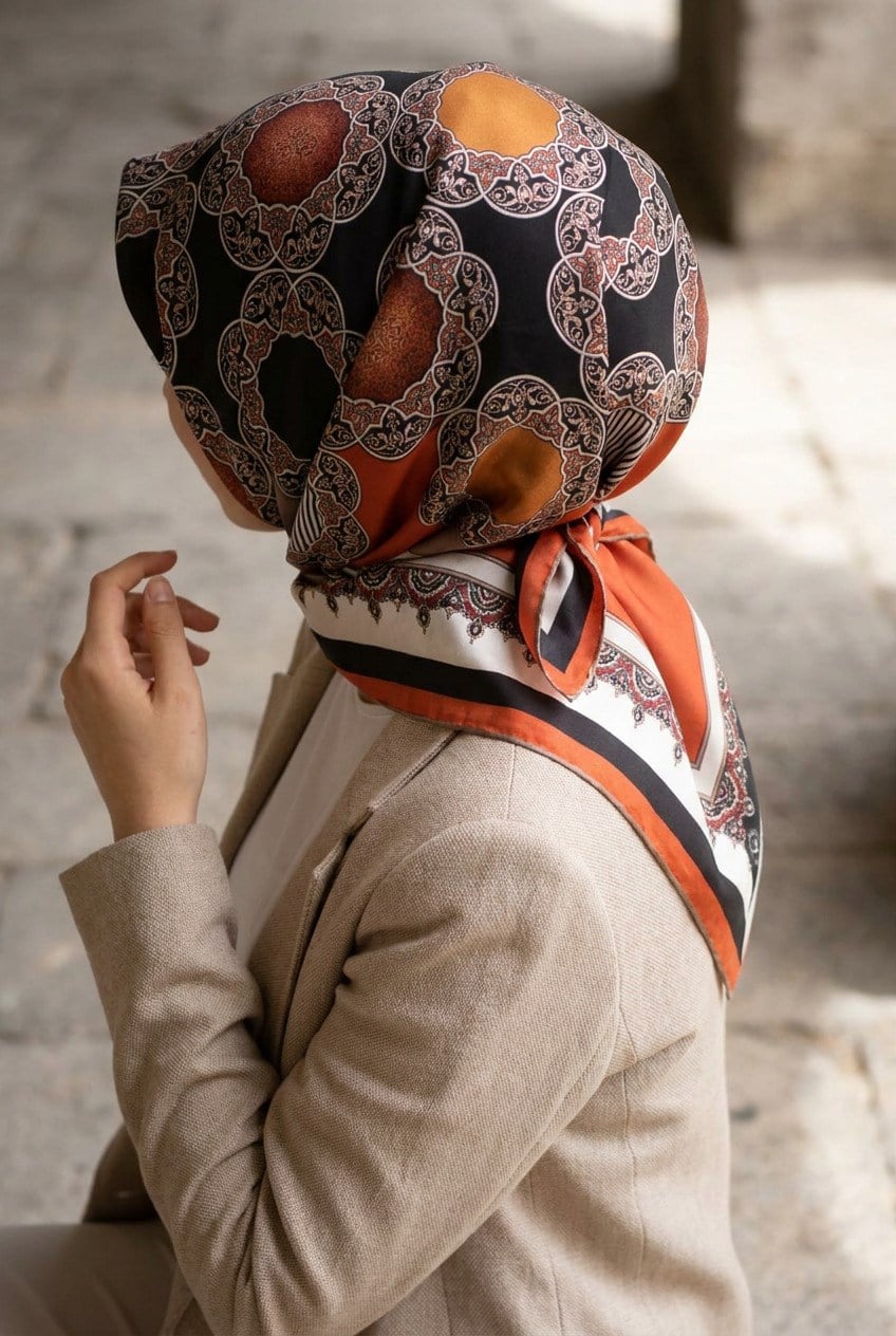 %100 Twill Türk Motifi  Desenli Bej - Taba Renkli 90x90 Eşarp Dikim Şekli: El Dikişi