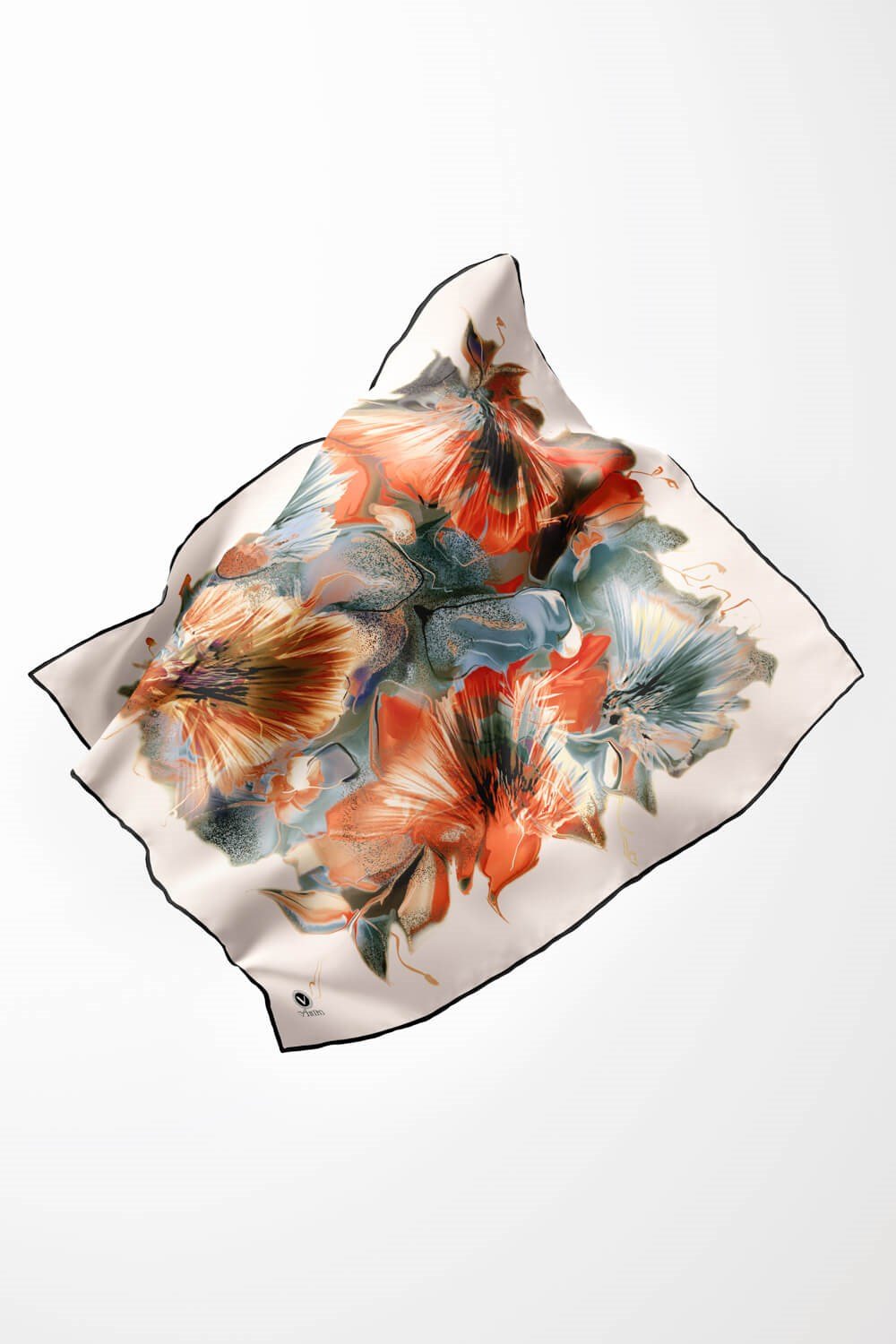 Twill Çiçek Desenli Turuncu Renkli 90x90 Eşarp (İpek İçermez) Kenar Dikiş Şekli El Dikişli