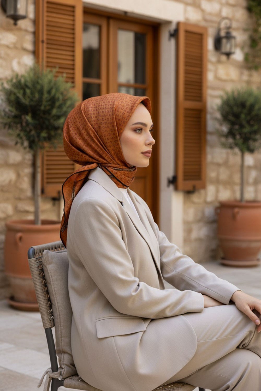 %57 İPEK %43 VİSKON Twill İpek Zincir Desenli Taba - Gold Renkli 90x90 Eşarp Dikim Şekli : El Dikişi