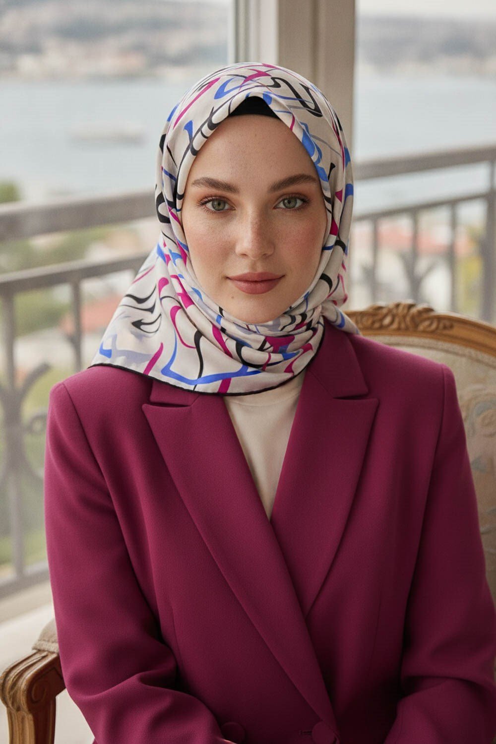 % 57 İPEK % 43 VİSKON Twill İpek Soyut Geometrik Desenli Fuşya - Saks Renkli 90x90 Eşarp Dikim Şekli : El Dikişi