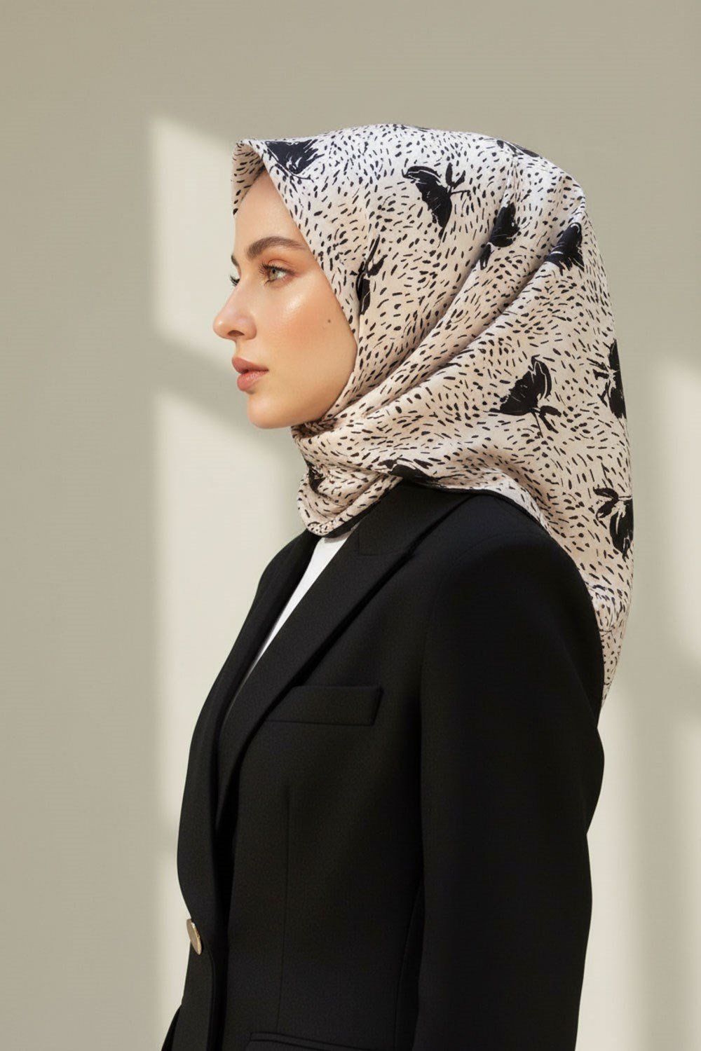 %100 Twill İpek Çıtır Çiçek Desenli Krem - Siyah Renkli 90x90 Eşarp Dikim Şekli : El Dikişi