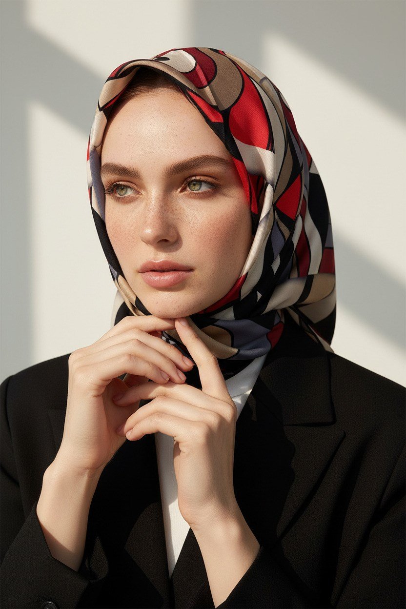 % 57 İPEK % 43 VİSKON Twill İpek Geometrik Desenli Bej - Kırmızı Renkli 90x90 Dikim Şekli : El Dikişi Eşarp