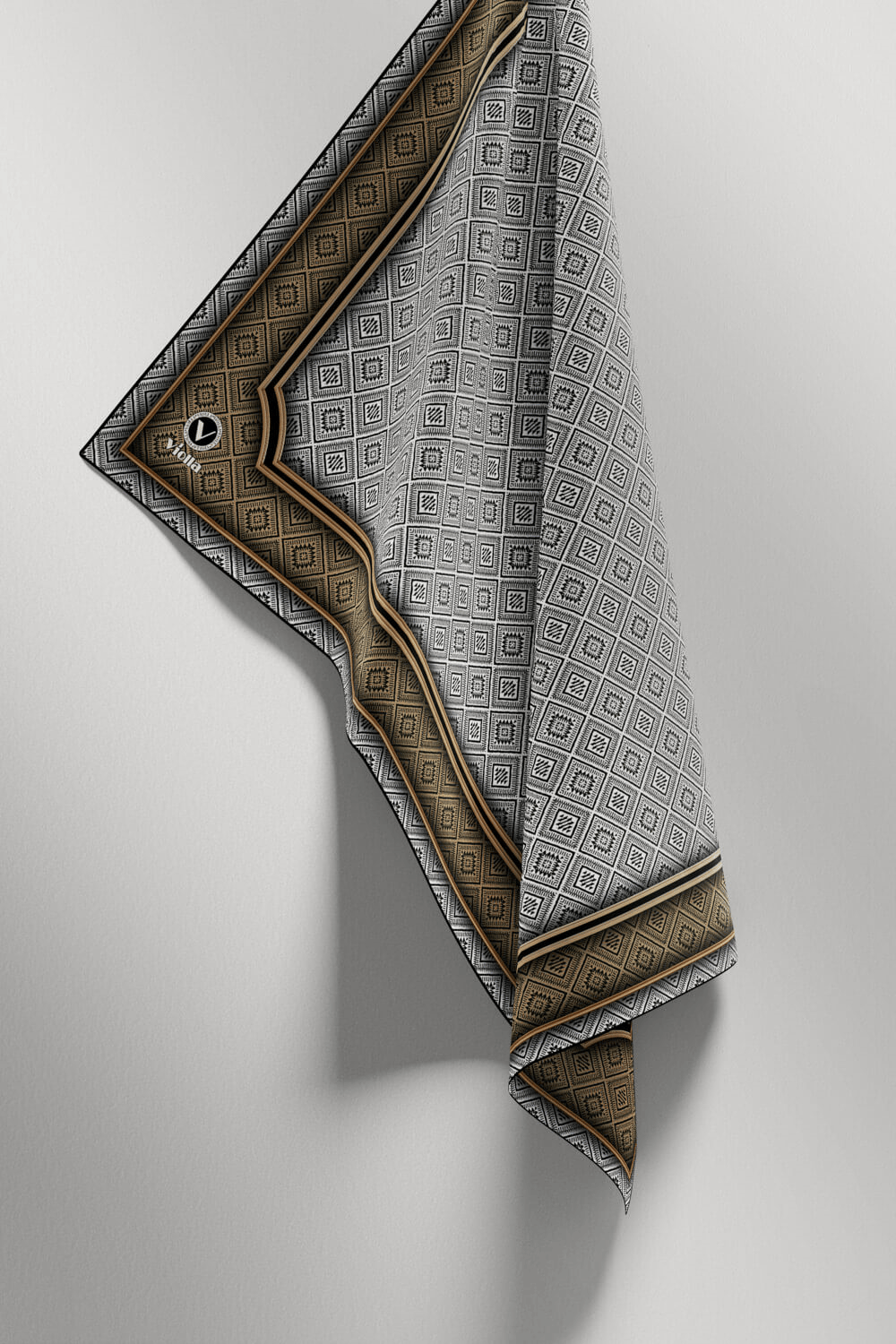 Twill Geometrik Çıtır Desenli Bej Renkli 90x90 Eşarp (İpek İçermez) Kenar Dikiş Şekli El Dikişli