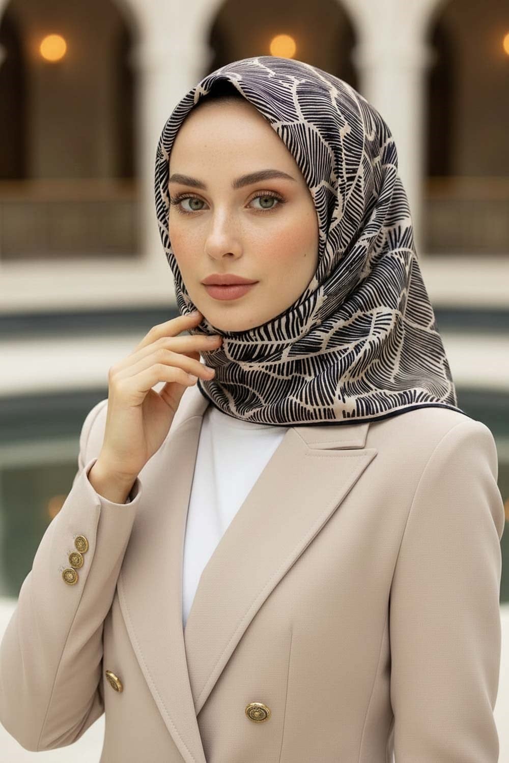 %100 Twill İpek Geometrik Desenli Siyah - Bej Renkli 90x90 Eşarp Dikim Şekli : El Dikişi