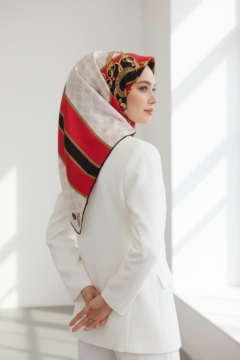 %100 Twill İpek Monogramlı Ve Barok Desenli Kırmızı - Krem Renkli 90x90 Eşarp Dikim Şekli : El Dikişi