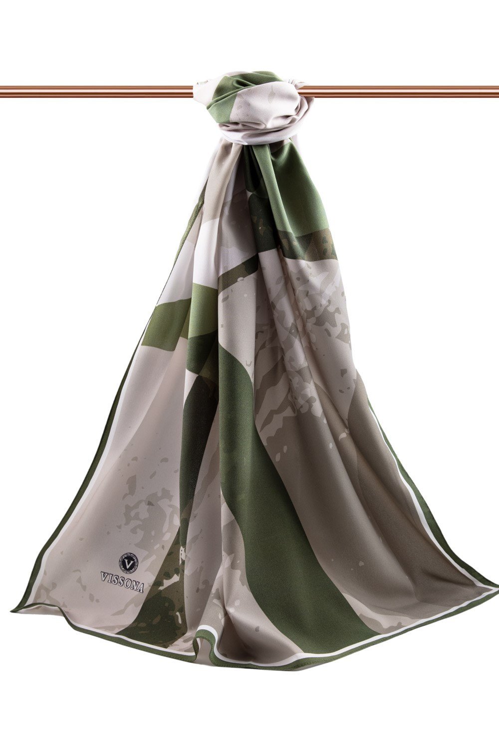 KREP GEOMETRİK DESENLİ BEJ - HAKİ RENKLİ 75X195 KIRIŞMAZ ŞAL