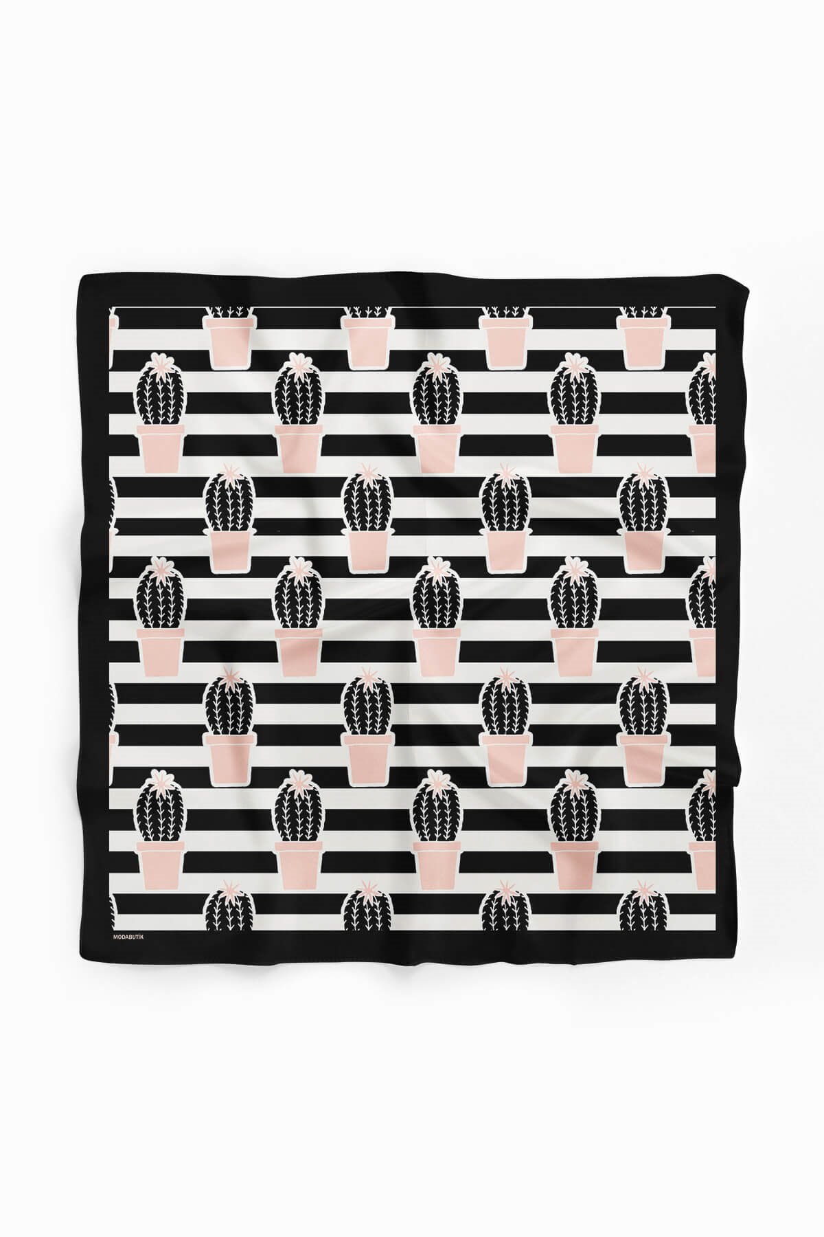Kadın Kaktüs Desenli Bandana 50x50 Siyah Pudra DG0148-22 Snz