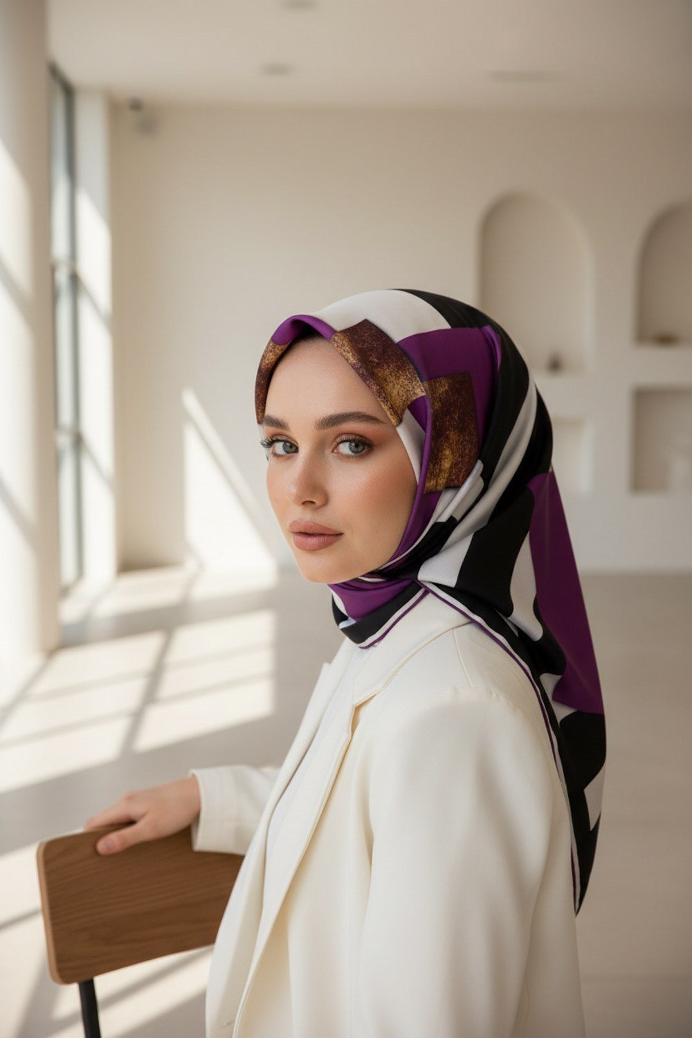 %100 Twill İpek Karo Desenli Mürdüm - Siyah Renkli 90x90 Eşarp Dikim Şekli : El Dikişi