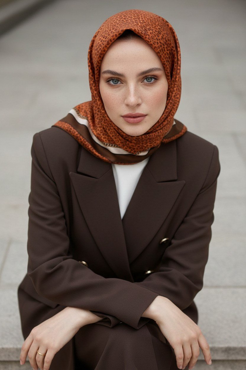 % 57 İPEK % 43 VİSKON Twill İpek Leopar Desenli Taba - Kahverengi Renkli 90x90 Eşarp Dikim Şekli : El Dikişi