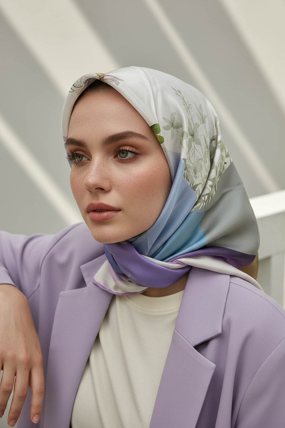 %100 Twill İpek Kareli Ve Çıtır Çiçek Desenli Lila - Bej Renkli 90x90 Eşarp Dikim Şekli : El Dikişi