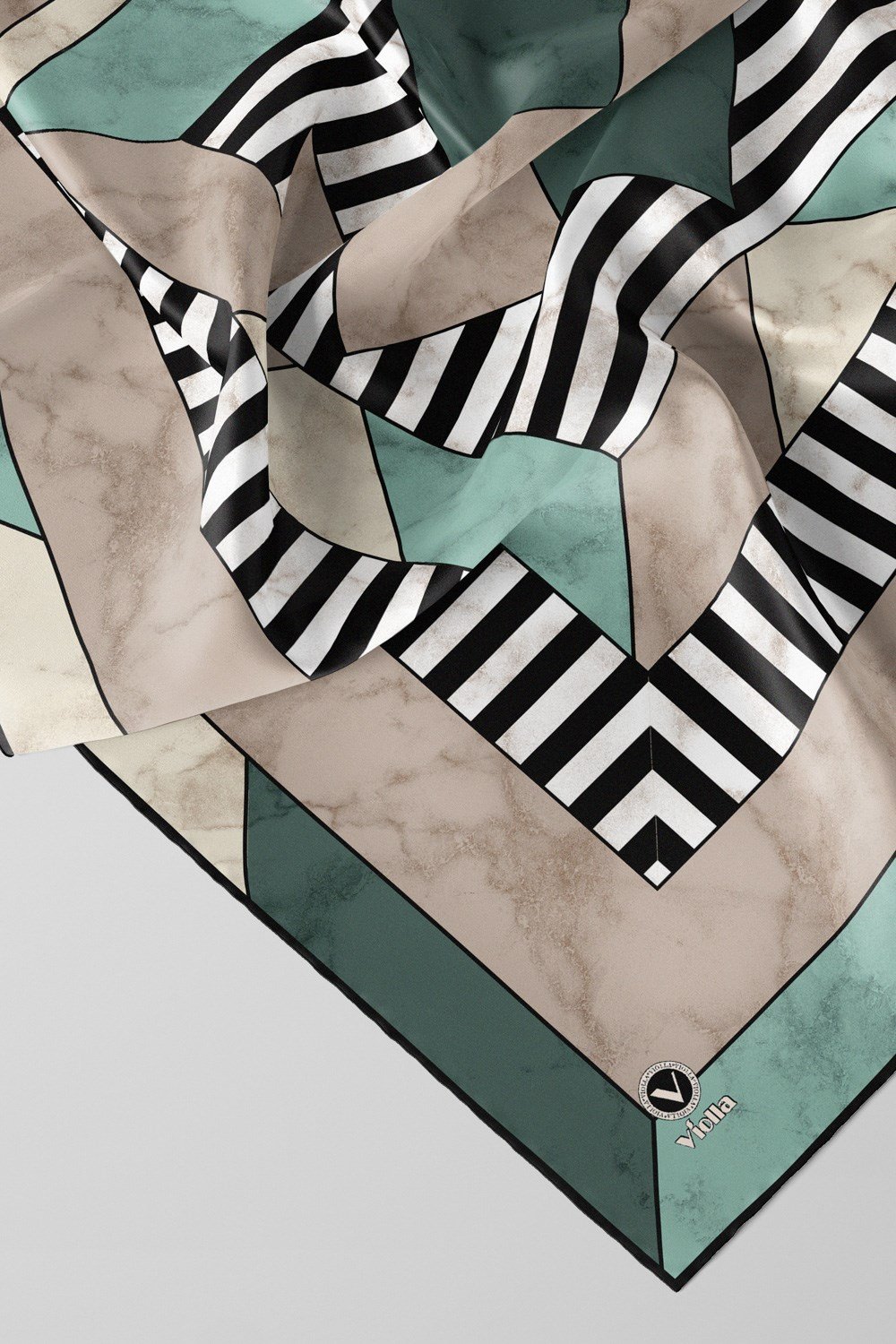 Twill Çizgili Geometrik Mermer Desenli Mint Yeşili Renkli 90x90 Eşarp (İpek İçermez) Kenar Dikiş Şekli El Dikişli