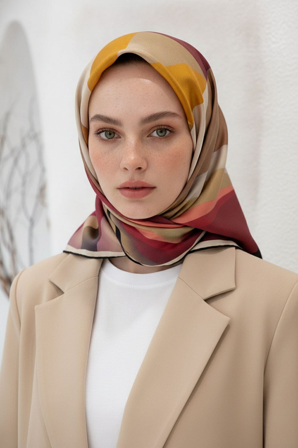 %100 Twill İpek Geometrik Desenli Bordo - Bej Renkli 90x90 Eşarp Dikim Şekli : El Dikişi