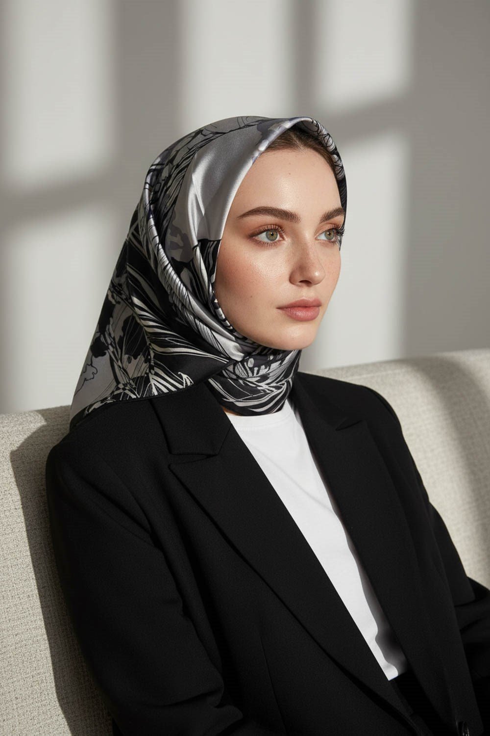 %100 Twill İpek Yaprak Desenli Gri - Siyah Renkli 90x90 Eşarp Dikim Şekli : El Dikişi