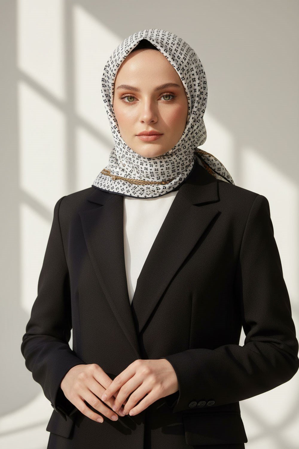 %100 Twill İpek Zincir Desenli Krem - Siyah Renkli 90x90 Eşarp Dikim Şekli : El Dikişi