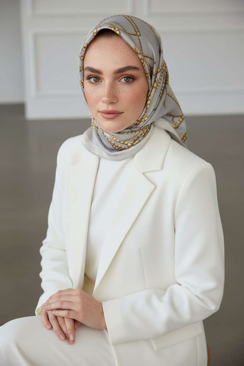 %100 Twill İpek İnci Desenli Gümüş Renkli 90x90 Eşarp Kenar Dikiş Şekli : El Dikişli
