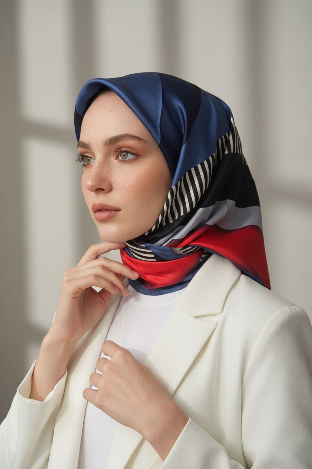 %100 Twill Renk Bloklu Çizgili Desenli Bordo - İndigo Renkli 90x90 Eşarp Dikim Şekli: El Dikişii