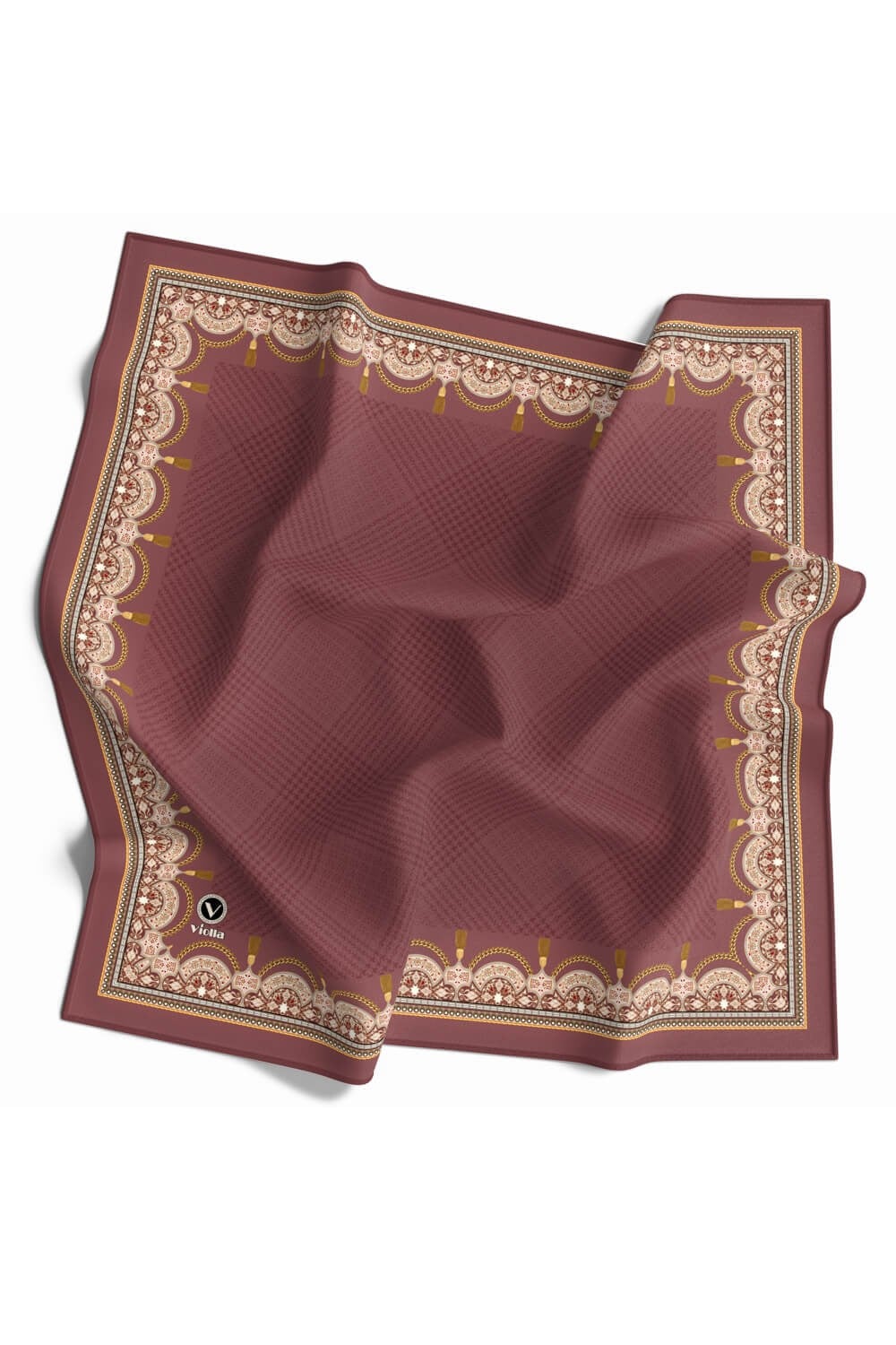 Twill Yumuşak Dokulu Kenar Motifi Şal Desenli Gül Kurusu Renkli 90x90 Eşarp (İpek İçermez) Dikim Şekli : El Dikişi