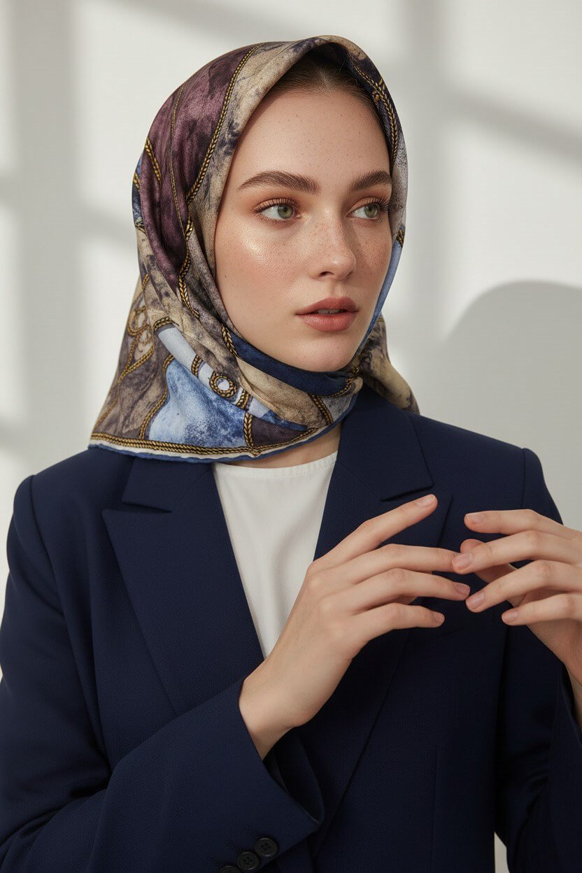 %100 Twill İpek Zincirli Mermer Desenli Bebe Mavisi - Pudra Renkli 90x90 Eşarp Dikim Şekli : El Dikişi