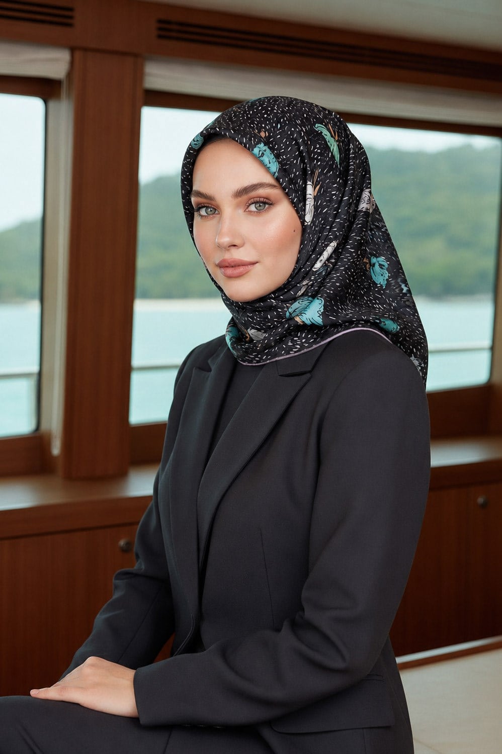 %100 Twill İpek Çıtır Çiçek Desenli Lila - Su Yeşili Renkli 90x90 Eşarp Dikim Şekli : El Dikişi
