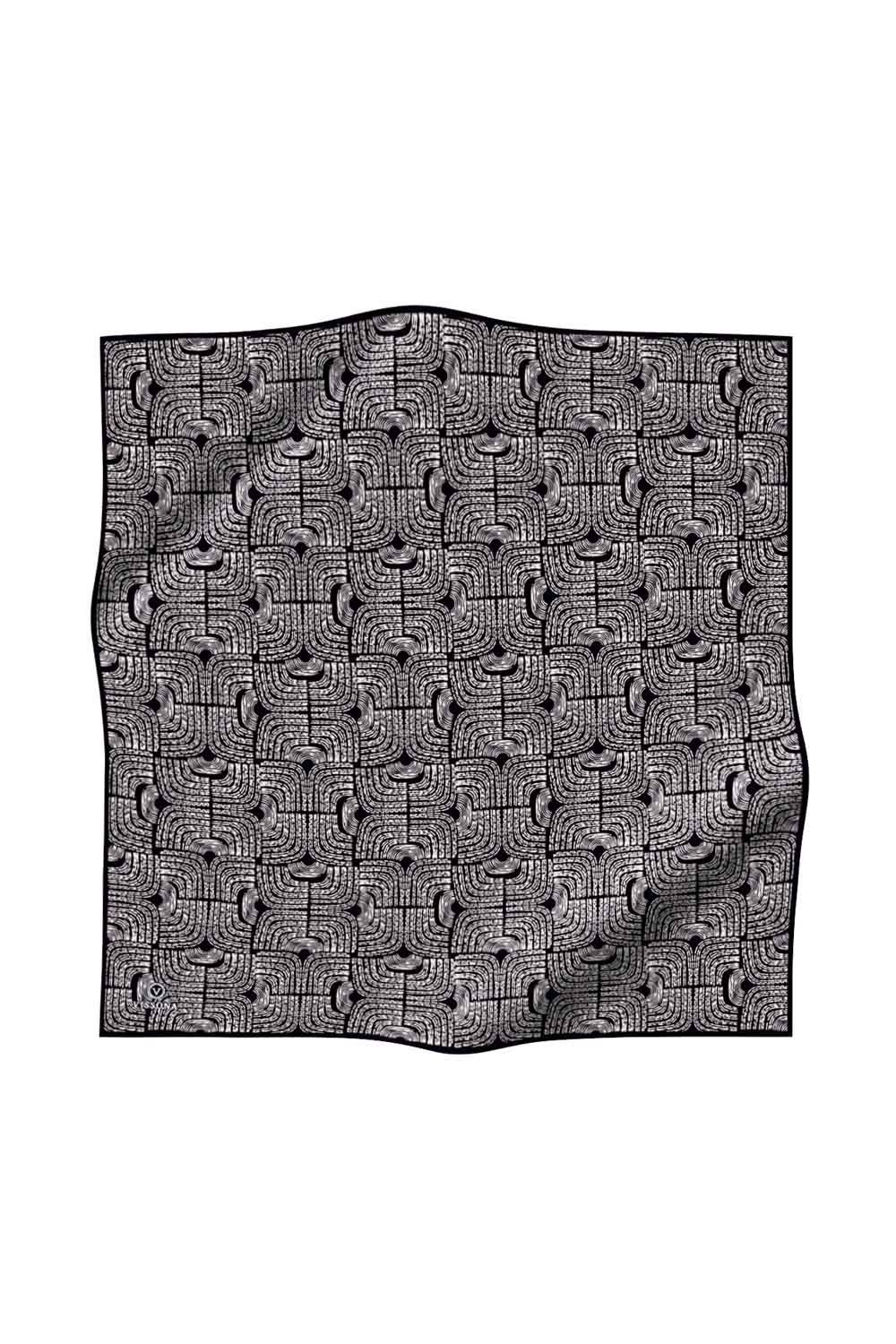 %100 Twill İpek Geometrik Desenli Beyaz - Siyah Renkli 90x90 Eşarp Dikim Şekli : El Dikişi