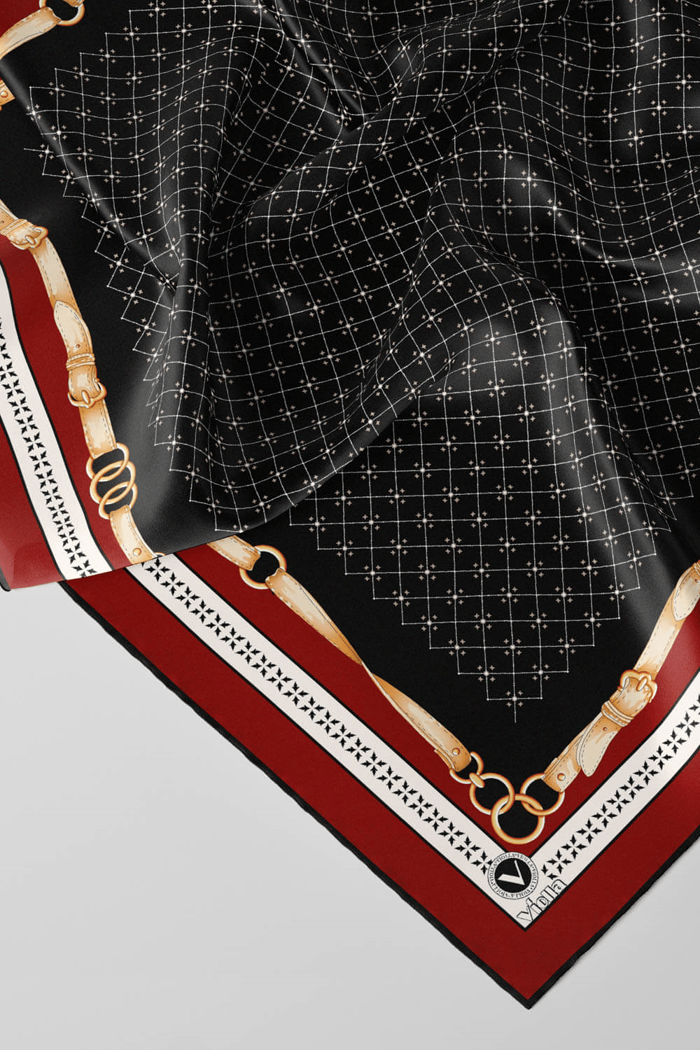 Twill Kemerli ve Çıtır Motifli Desenli Bordo Renkli 90x90 Eşarp (İpek İçermez) Dikim Şekli : El Dikişi