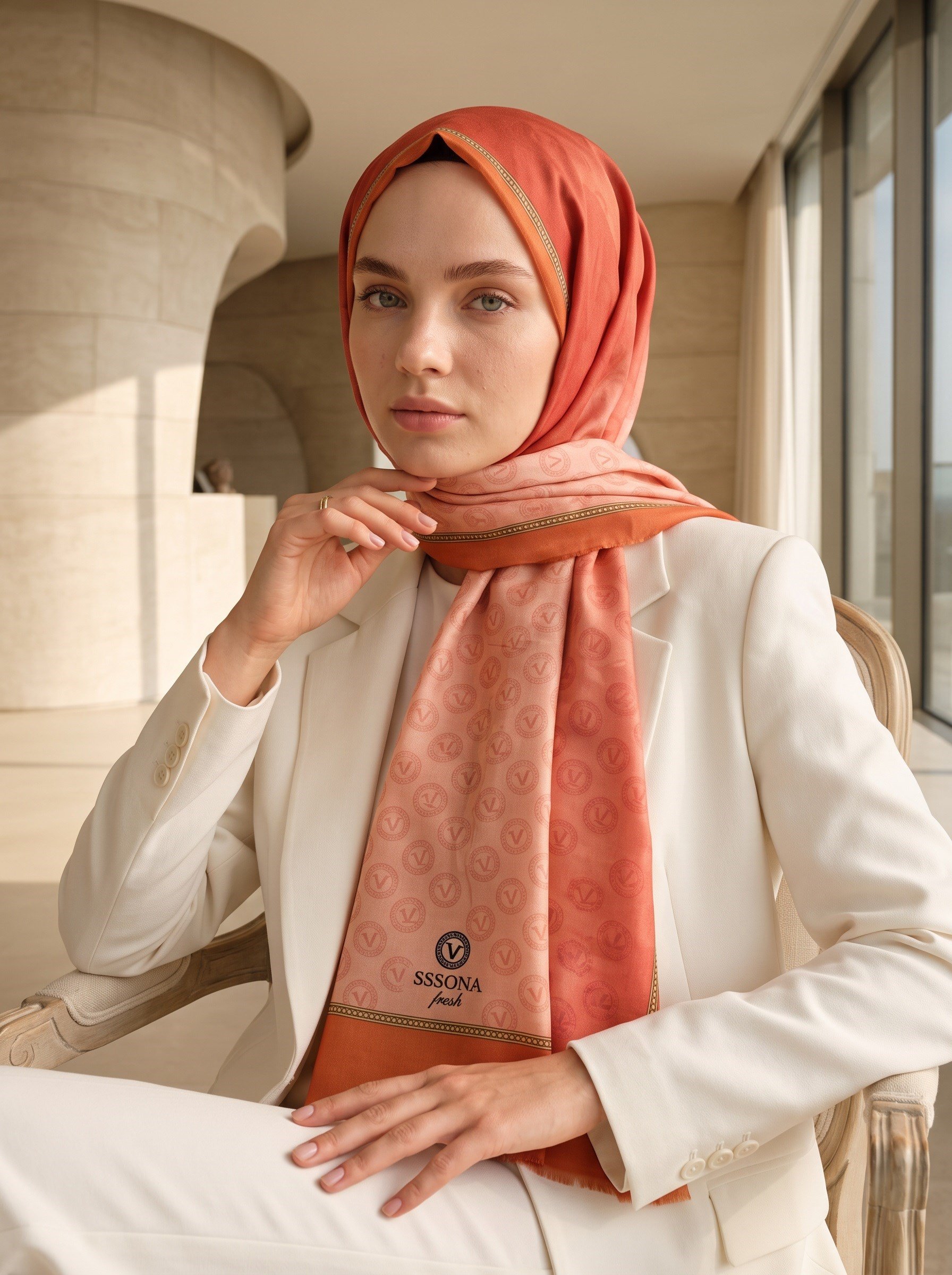 %100 Saf İpek Şal İnce Saten Vual Dokuma Degradeli Ve Monogram Desenli Taba - Gold Renkli 90x210 Şal