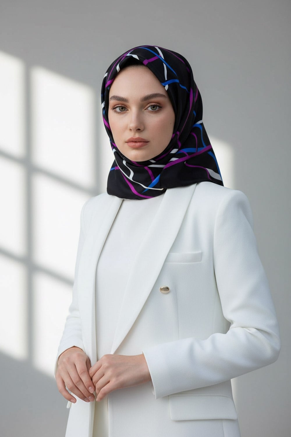 %57 İPEK %43 VİSKON Twill İpek Çizgili Desenli Saks - Fuşya Renkli 90x90 Eşarp Dikim Şekli : El Dikişi