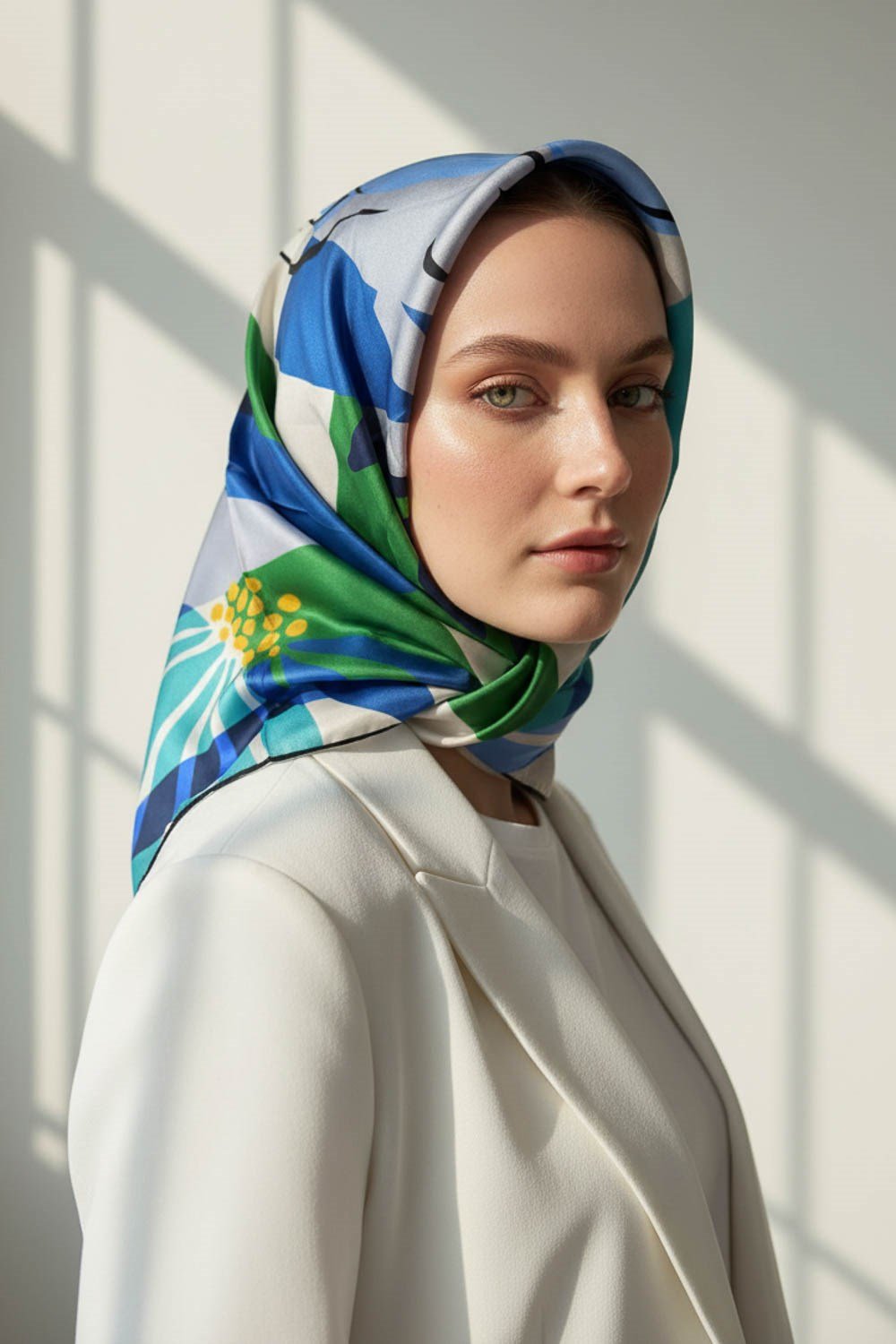 %100 Twill İpek Çiçek Desenli Saks - Zümrüt Yeşili Renkli 90x90 Eşarp Dikim Şekli : El Dikişi