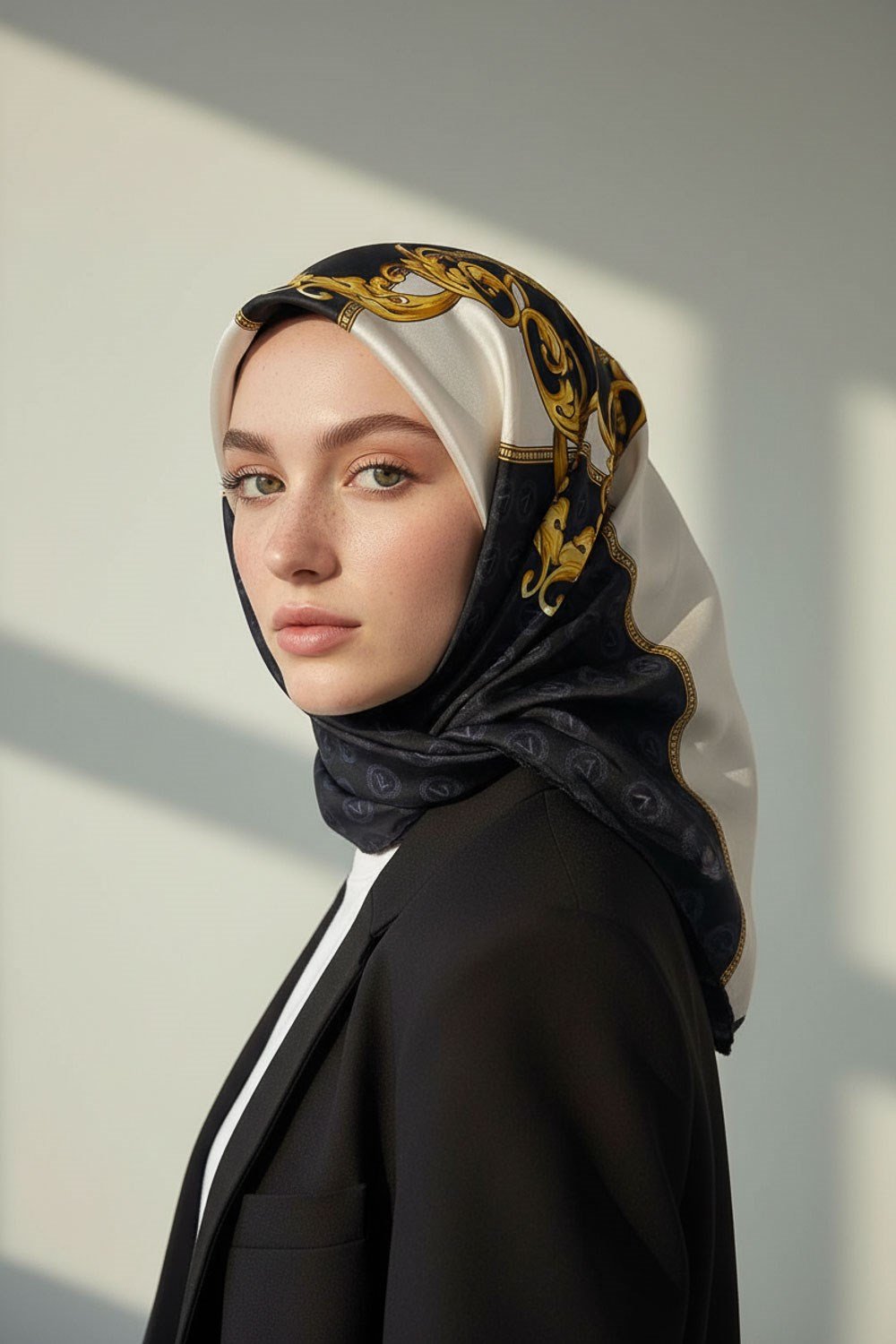 %100 Twill İpek Monogram Ve Barok Desenli Siyah - Krem Renkli 90x90 Eşarp Dikim Şekli : El Dikişi