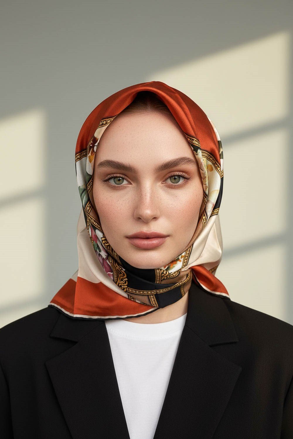 100% Twill İpek Şeritli Çiçek Desenli Taba - Krem Renkli 90x90 Dikim Şekli : El Dikişi Eşarp