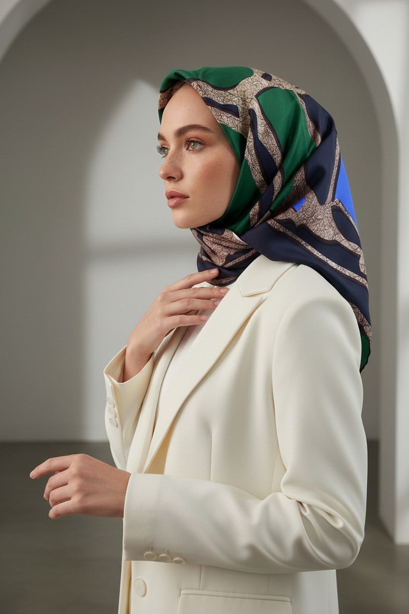 % 57 İPEK % 43 VİSKON Twill İpek Gold Efektli Geometrik Desenli Lacivert - Zümrüt Yeşili Renkli 90x90 Eşarp Dikim Şekli : El Dikişi
