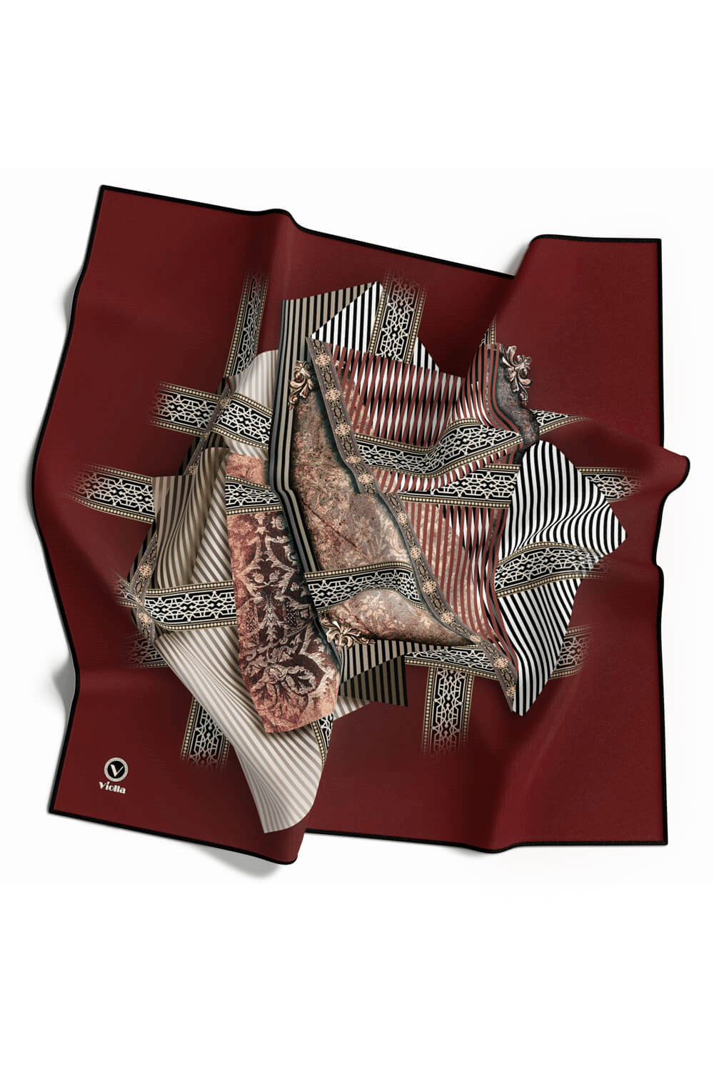 Twill Geometrik Desenli Bordo Renkli 90x90 Eşarp (İpek İçermez) Kenar Dikiş Şekli El Dikişli