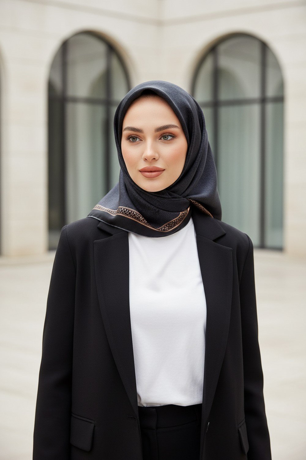 %100 Twill İpek Eşarp 90x90 Siyah Barok Desenli El Dikişli Kadın Eşarp