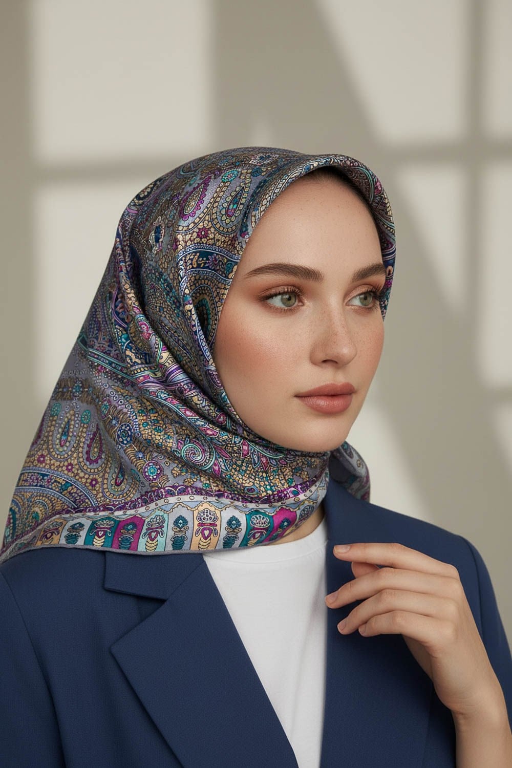 %100 Twill İpek Etro Desenli Gri Renkli 90x90 Eşarp Dikim Şekli : El Dikişi